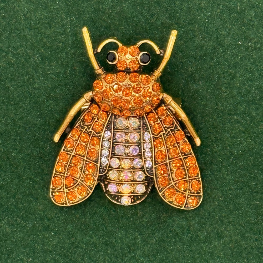 Rhinestone Bee Brooch Heavy Crystal Pin Gold Tone Costume Jewelry 1.75" - Orange